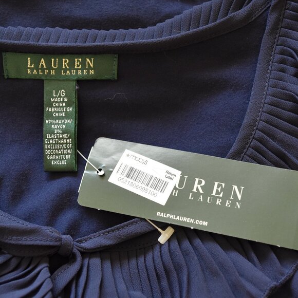 LAUREN RALPH LAUREN WOMEN'S SLEEVELESS NAVY BLUE RAYON RUFFLE BLOUSE LARGE, NWT - Picture 12 of 13
